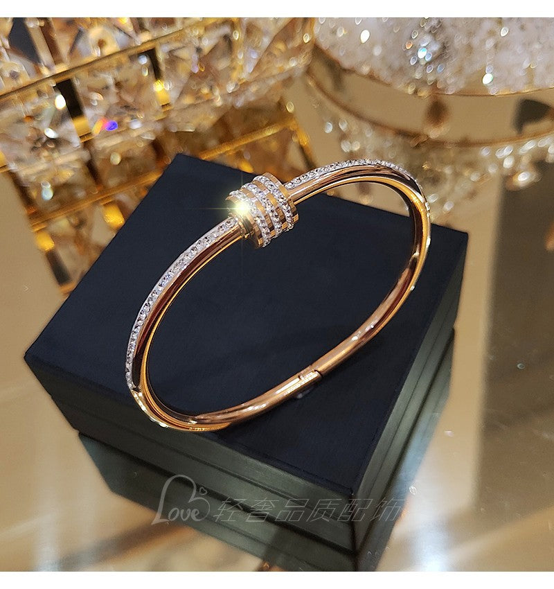 Titanium Steel Non-Fading Rose Gold Bracelet for Women, Ins Trend Niche Design Bracelet with Rhinestones, Small Waist Internet Celebrity Jewelry