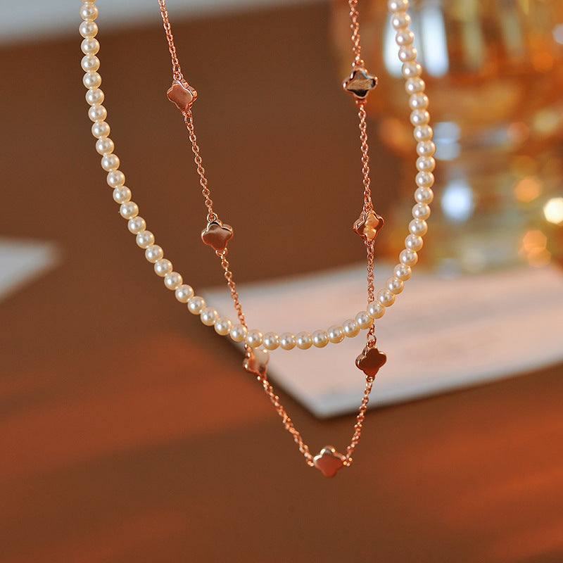 Graceful Luxury High-End Pearl Layered Necklace Personality Versatile Four-Leaf Clover Elegant Luxurious Exquisite Niche Design