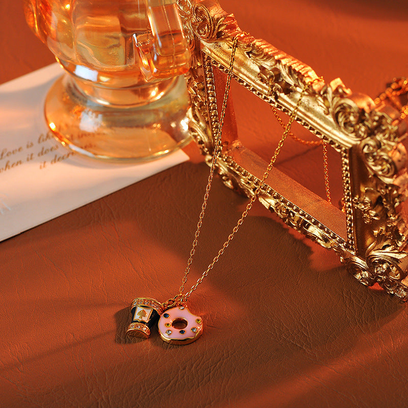 European and American Sweet Style Asymmetric Enamel Glaze Donut Coffee Cup Necklace Pendant High-end Necklace