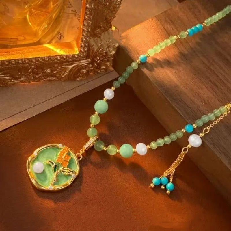New Chinese Style 2025 Retro Glaze Flower Pearl Pendant Necklace High-End Niche Design Choker
