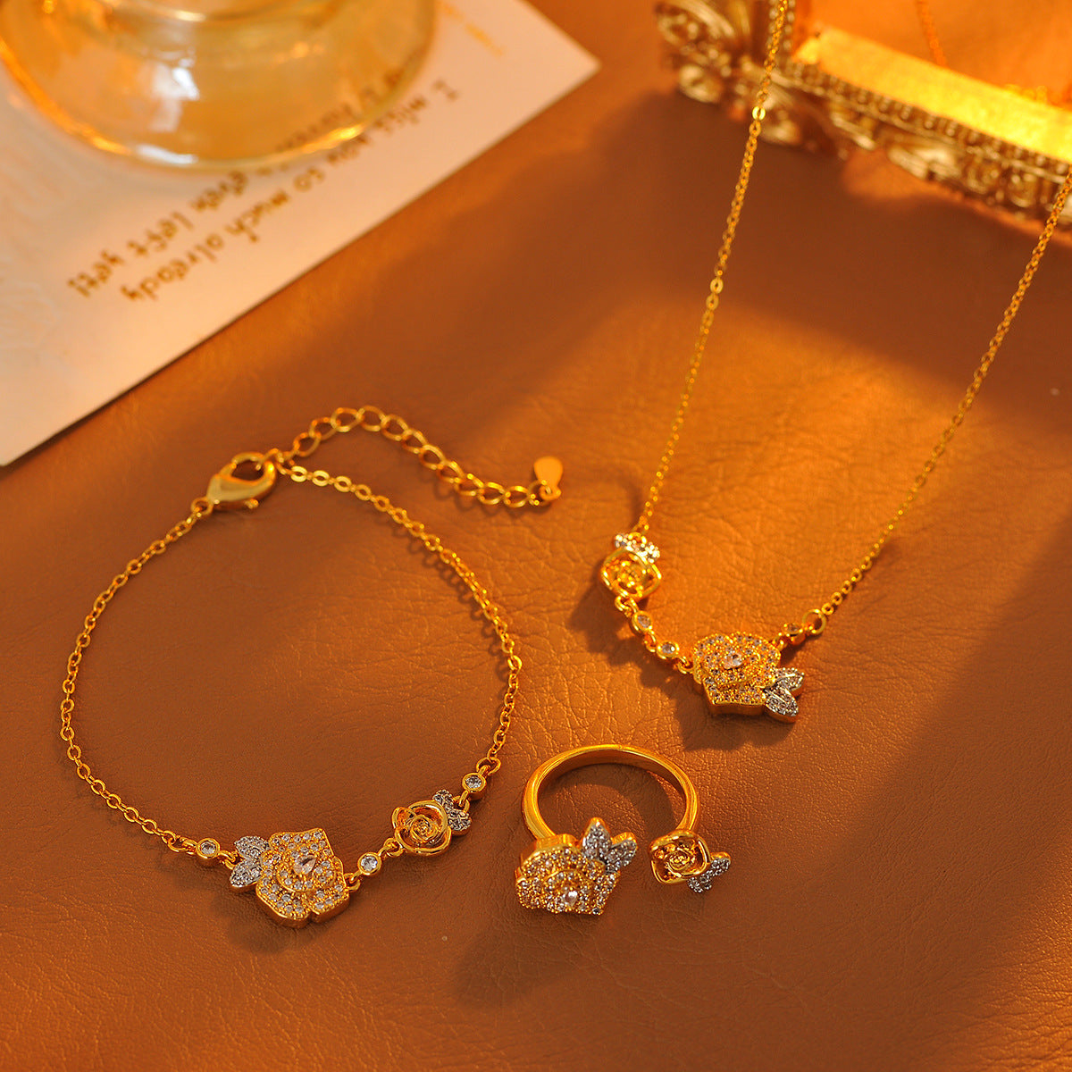 French Style Light Luxury Zircon Twin Rose Necklace Fashion Camellia Exquisite Vintage Bracelet Set