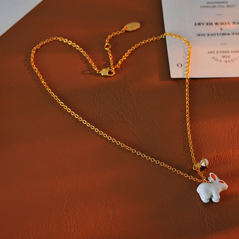 European and American Cute Creative 3D Enamel Glaze Little White Rabbit Planet Bunny Shape Necklace for Women One Piece