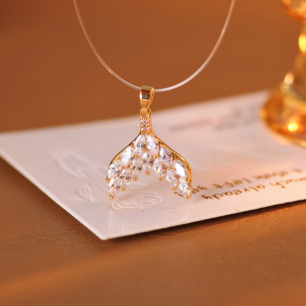 Fishtail Fish Line Necklace Earrings Pink Diamond Fishtail Fashion Necklace Elegant Personality Exquisite Collarbone Chain