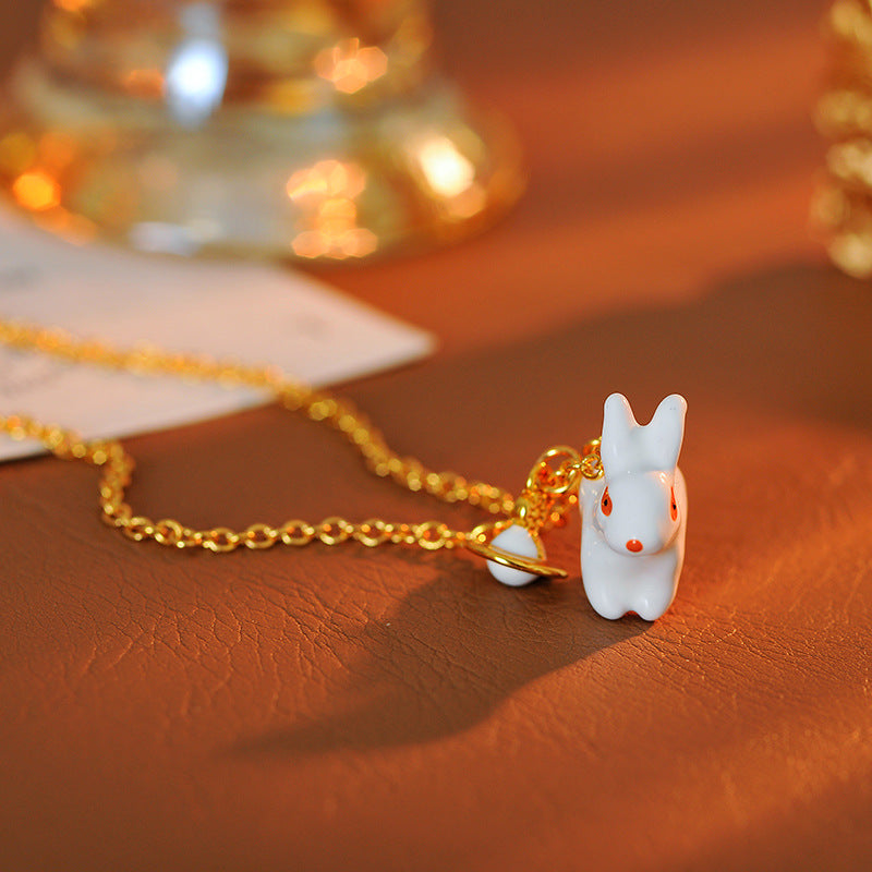 European and American Cute Creative 3D Enamel Glaze Little White Rabbit Planet Bunny Shape Necklace for Women One Piece