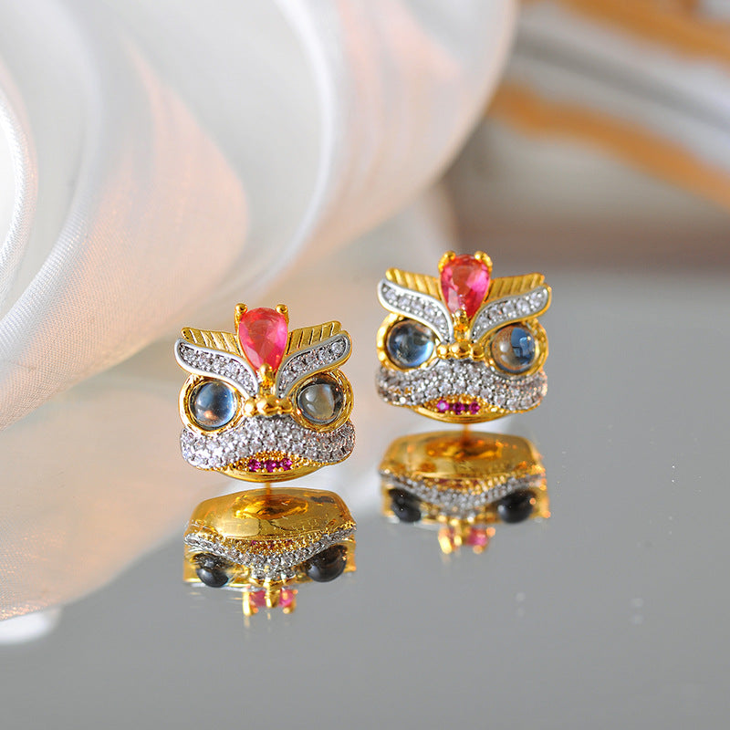 New Chinese Style Lion Dance Set Heavy Craft Light Luxury Earrings Necklace Bracelet Lion Coming Luck Colorful Gemstone Earrings Pendant Necklace