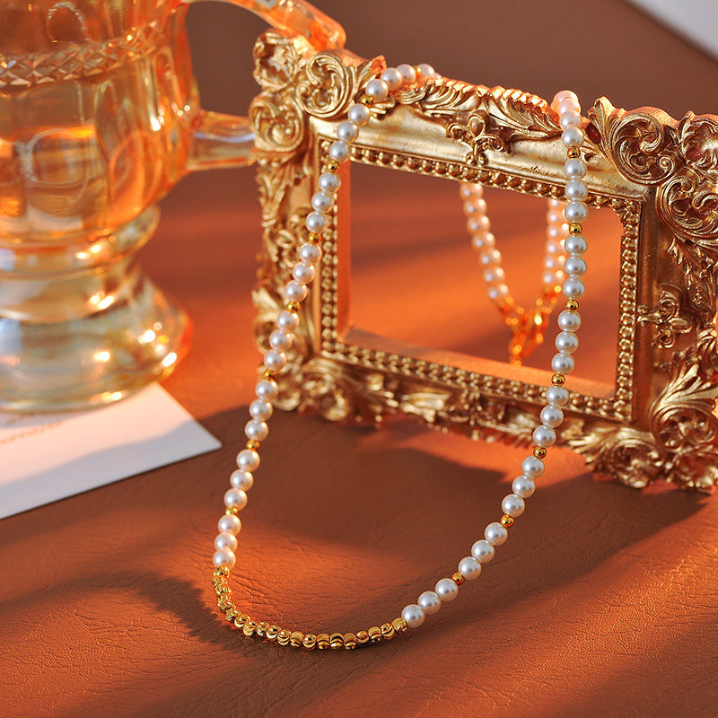 Yang Chaoyue Same Style Necklace Gold Bean Splicing Pearl Choker Design Sense Simple Circle Niche New Year Clavicle Chain