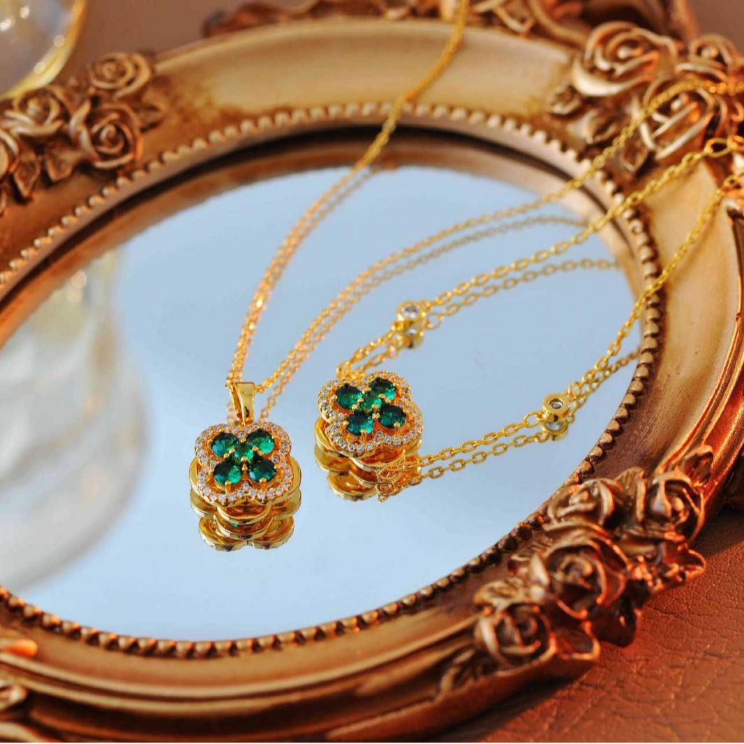 Japanese and Korean Style Small Exquisite Micro Inlaid Green Rotating Zircon Four-Leaf Flower Necklace Internet Celebrity Personality Versatile