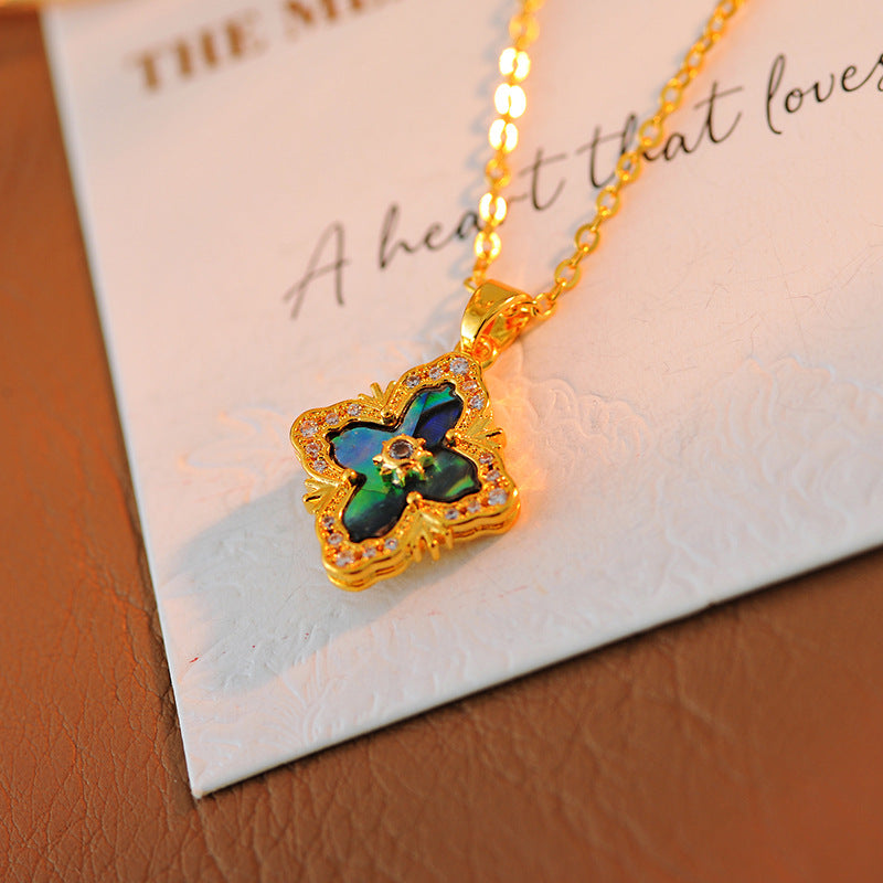 Italian Four-Leaf Clover Necklace Earrings for Women Brushed Vintage Palace Style Inlaid Collarbone Chain Niche Versatile Earrings