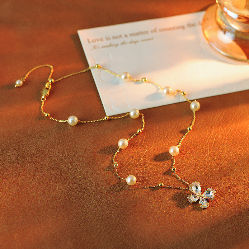 Romantic Love Letter Butterfly Pearl Tassel Necklace for Women High-end Light Luxury Niche Collarbone Chain Elegant Choker