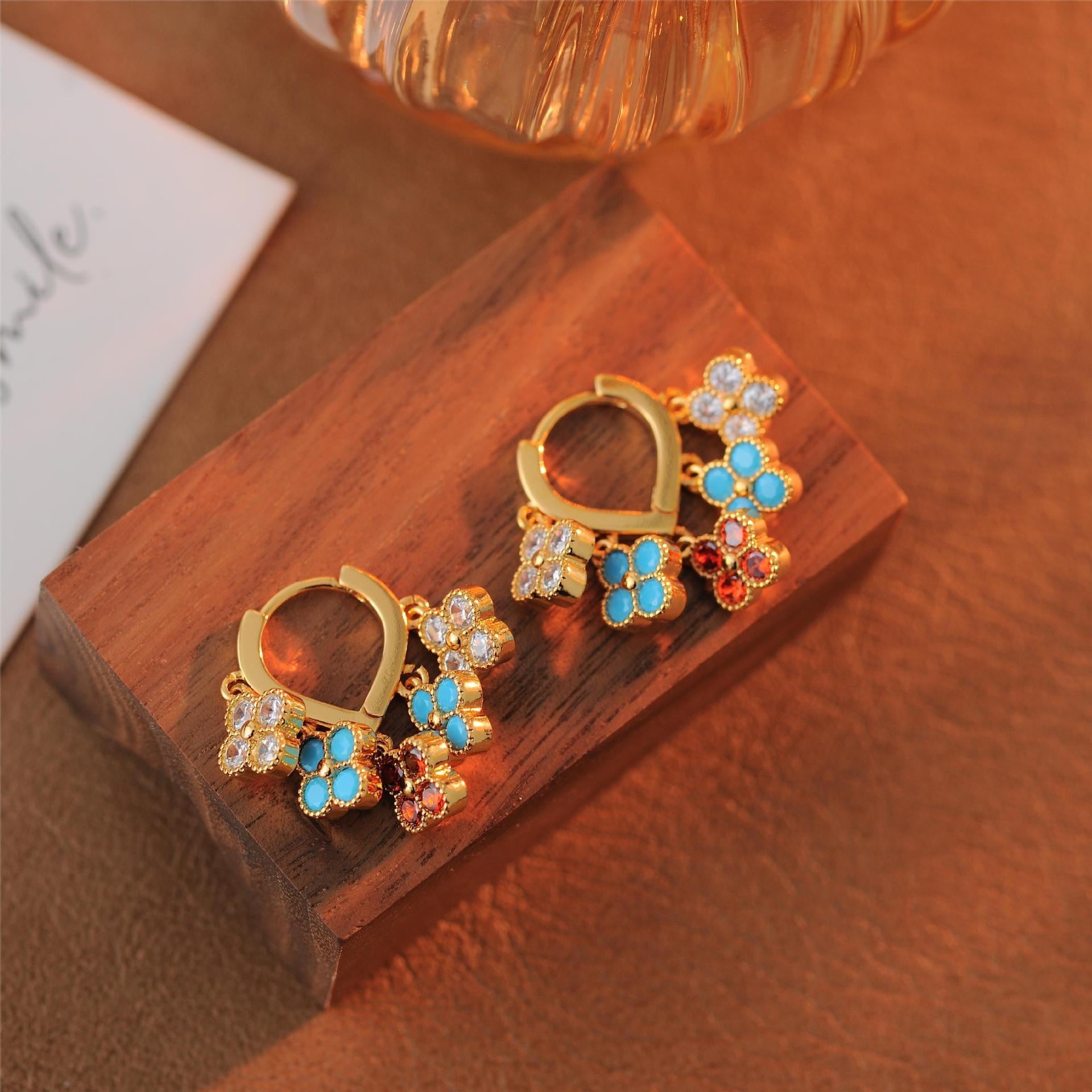 High Version European and American Trend Fresh Flower Earrings Inlaid with Colorful Small Diamonds Multi-Drop Necklace Earrings