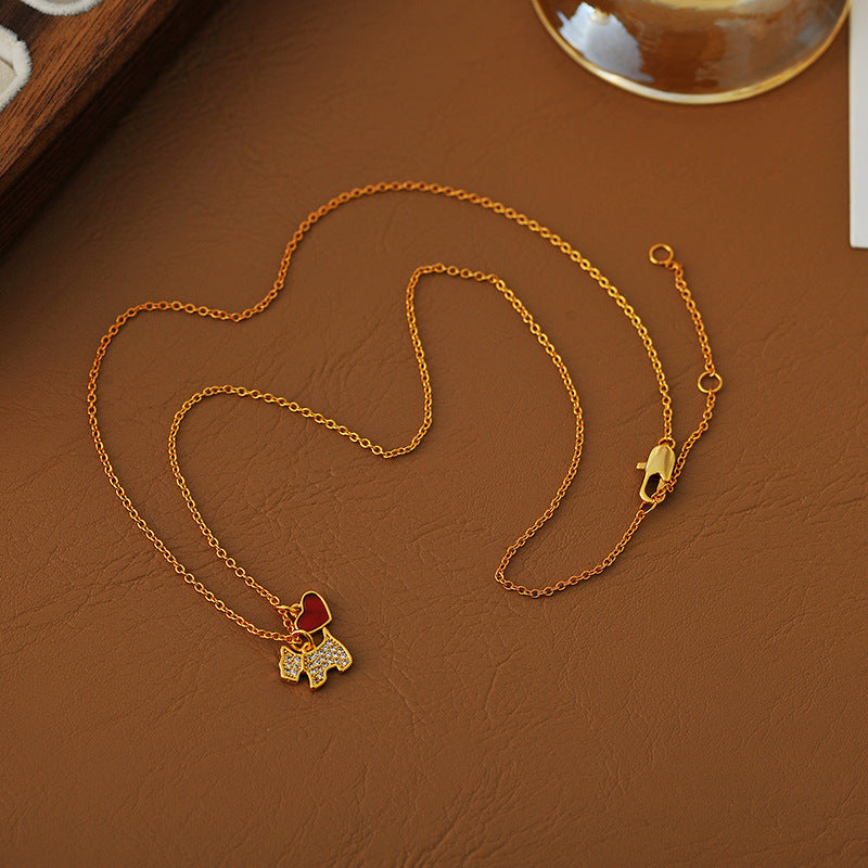Heart Shell Full Diamond Puppy Necklace for Women, Korean and Japanese Style, Simple Red and White Heart Pendant, Clavicle Chain, Fashionable and Elegant