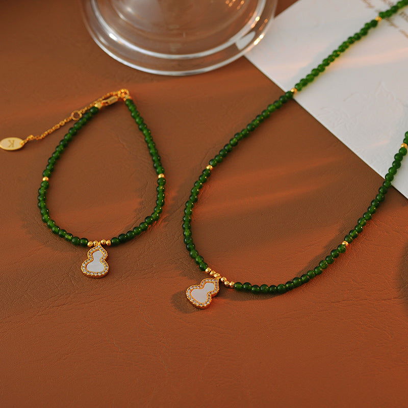 New Chinese Style Green Gourd Beaded Necklace Bracelet Collarbone Chain White Mother-of-Pearl Gourd Bracelet Necklace