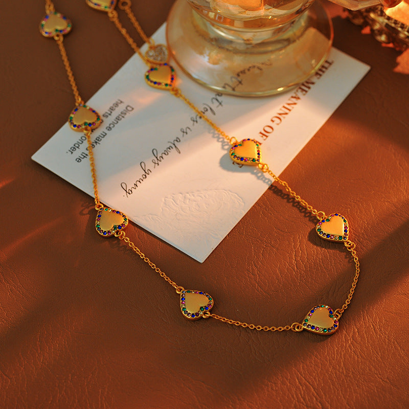 Summer Sweet Fresh European and American Style Brushed Gold Plated Heart Micro Inlaid Colorful Zircon Design Simple Multi Pendant Necklace Collarbone Chain