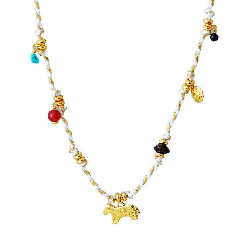 Colorful Braided Rope Pony Elephant Necklace Unique Niche Design High-end Simple Exotic Ethnic Style Layered Wear Gift