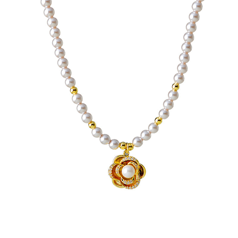New Rose Flower Necklace Korean Version Micro Inlaid Rose Flower Manta Rose Color Pearl Necklace One Piece