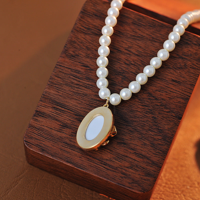 New Oval Shijia Pearl Relief Rose Flower Necklace Simple Versatile Fashionable Elegant Collarbone Chain A10260