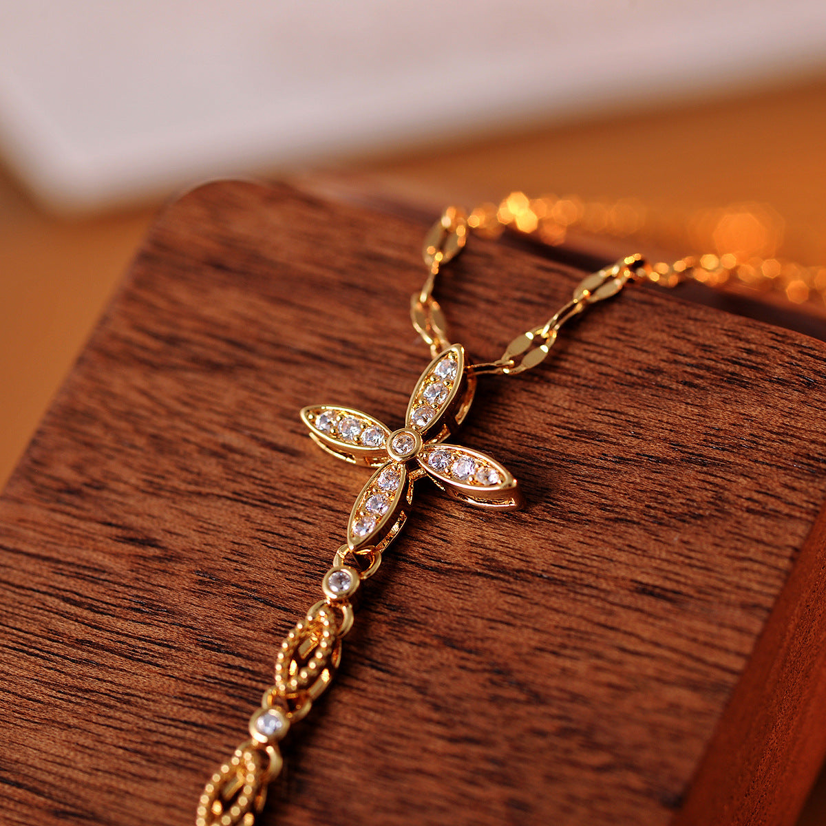 Necklace Real Gold Plated Gold Tassel Full Diamond Women's High-end Cross Pendant Clavicle Chain