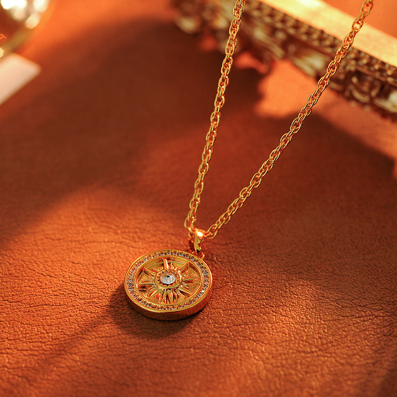 Traditional Inlaid Diamond Round Sunflower Gold-Plated Necklace for Women, New Autumn Winter Sweater Chain, Light Luxury High-End Feel