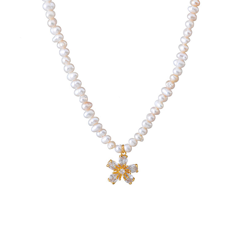 French Exquisite Zircon Flower Freshwater Pearl Necklace High-end Elegant Versatile Choker Accessory
