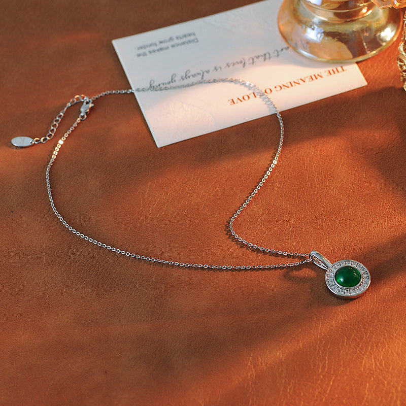 New Chinese Style Green Chalcedony Round Pendant Necklace Fashionable Commuting Versatile Elegant Personality Necklace