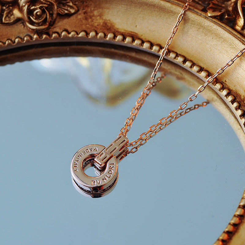 Baojia Fortune Necklace Full Diamond Necklace for Women 18k Rose Gold Mother-of-Pearl Small Round Pendant Fashion Collarbone Chain A10174