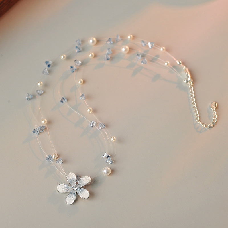 Double Layer Sweet Temperament Starry Sky Pearl Necklace Fashionable Elegant High-end Flower Pendant Collarbone Chain Choker