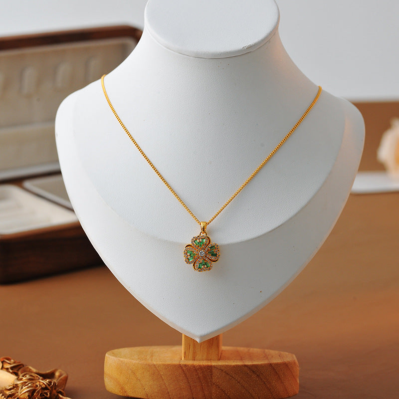 Japanese and Korean Exquisite Small Rotating Four-Leaf Clover Fashion High-End Micro-Inlaid Zircon Pendant Versatile High-End Necklace Collarbone Chain