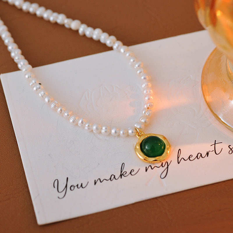 New Chinese Style Natural Green Chalcedony Shijia Pearl Necklace Elegant Fashion High-end Sense Neck Chain Clavicle Chain