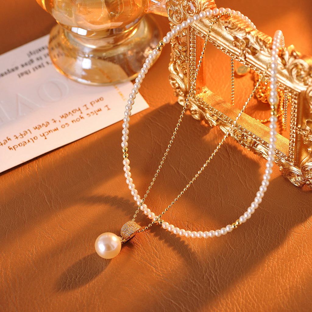 A Two-Way Necklace with Real Gold Plating and Double Layer Pearls, Elegant and Versatile Collarbone Chain