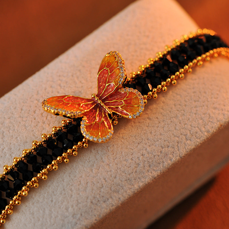 Korean Style Internet Celebrity Necklace Women's Short Clavicle Chain Choker Lace Hollow Woven Crystal Butterfly Neck Chain Jewelry