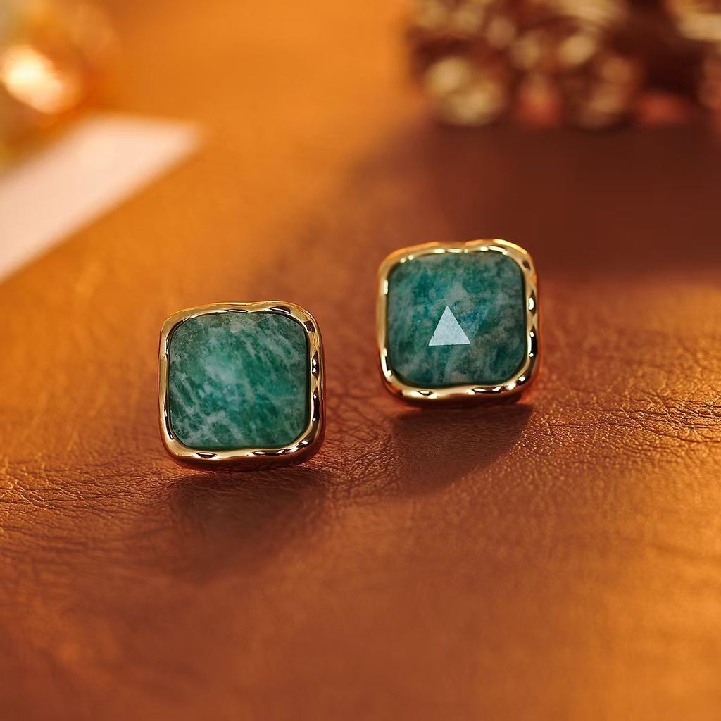 Niche Design Blue Green Square Pendant Necklace Earrings Vintage Versatile High-end 2025 New Neck Chain