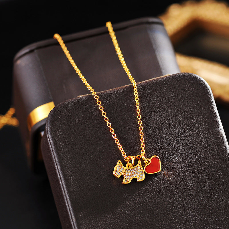 Heart Shell Full Diamond Puppy Necklace for Women, Korean and Japanese Style, Simple Red and White Heart Pendant, Clavicle Chain, Fashionable and Elegant