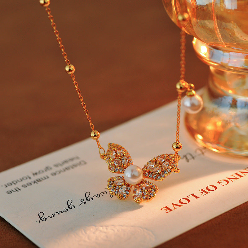 Fashion Versatile Pearl Necklace for Women, High-End Elegant Light Luxury Zircon Butterfly Collarbone Chain, Minimalist Style Neck Chain Accessory