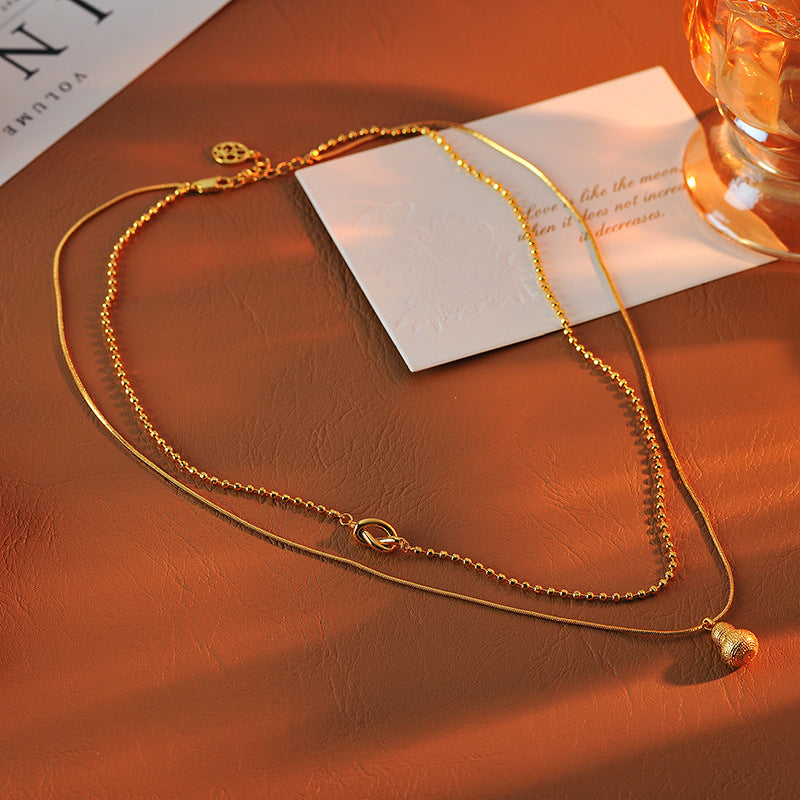 French Style Double Layer Stacked Gold Gourd Necklace Round Bead Chain Simple Elegant High-end Clavicle Chain Neck Chain