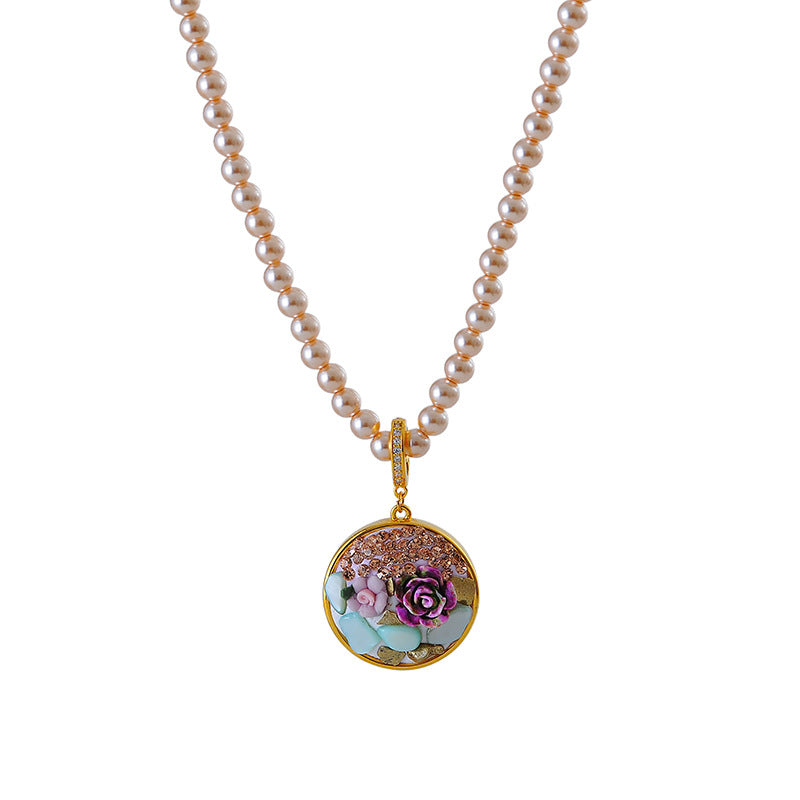 Oil Painting Style Pearl Necklace for Women New Chinese Style National Style Flower Artistic Retro 2025 New Niche Design Clavicle Chain