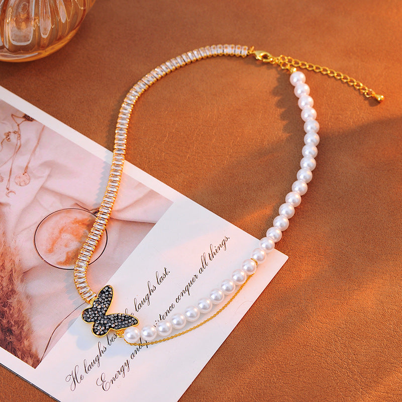 High Version Real Gold Plating Perfect Round Imitation Shijia Pearl Beaded Necklace Copper Inlaid Zircon Butterfly Hollow Necklace