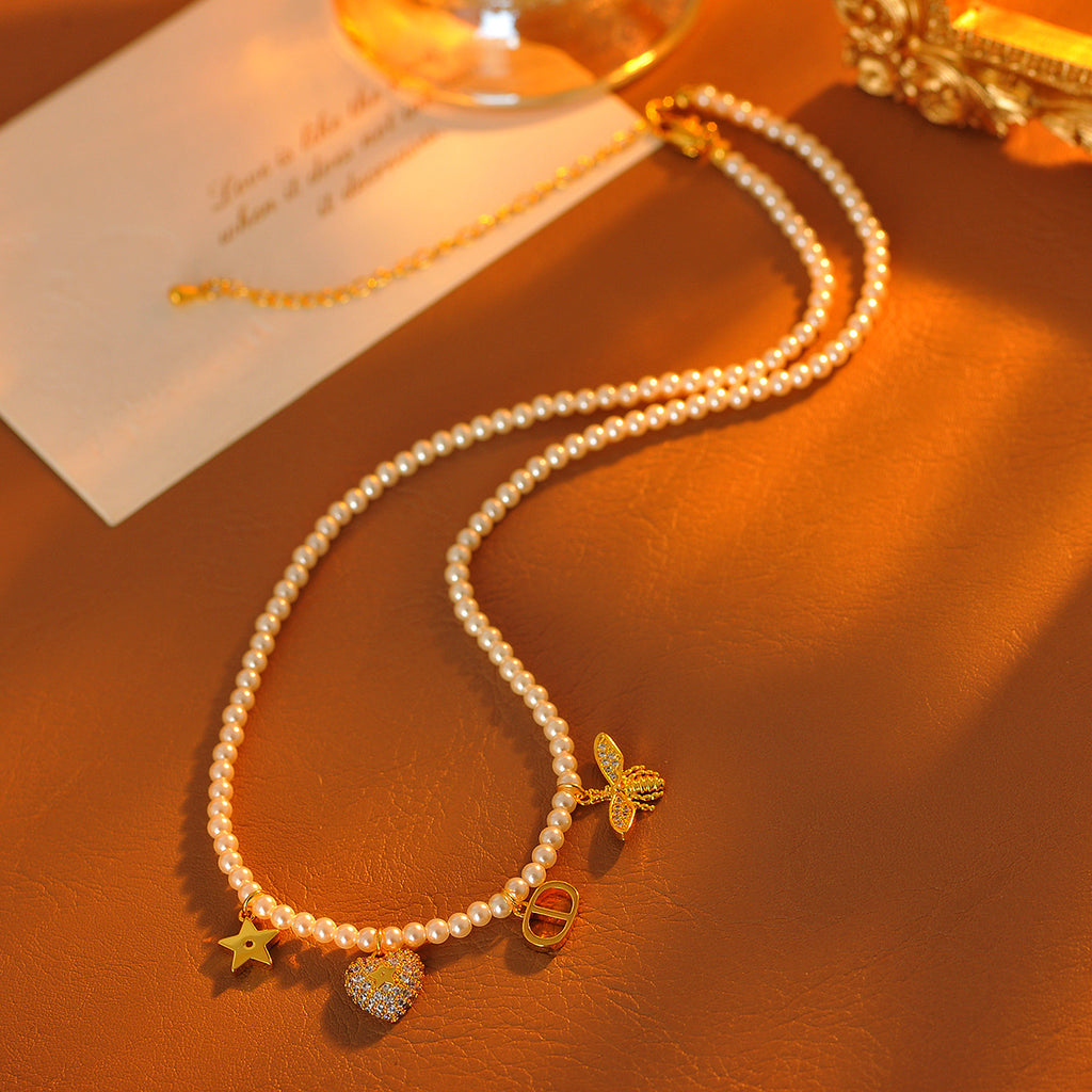 Bee Pig Nose Beaded Necklace Multi Pendant Little Bee Sparkling Diamond French Style Choker High-end Accessory