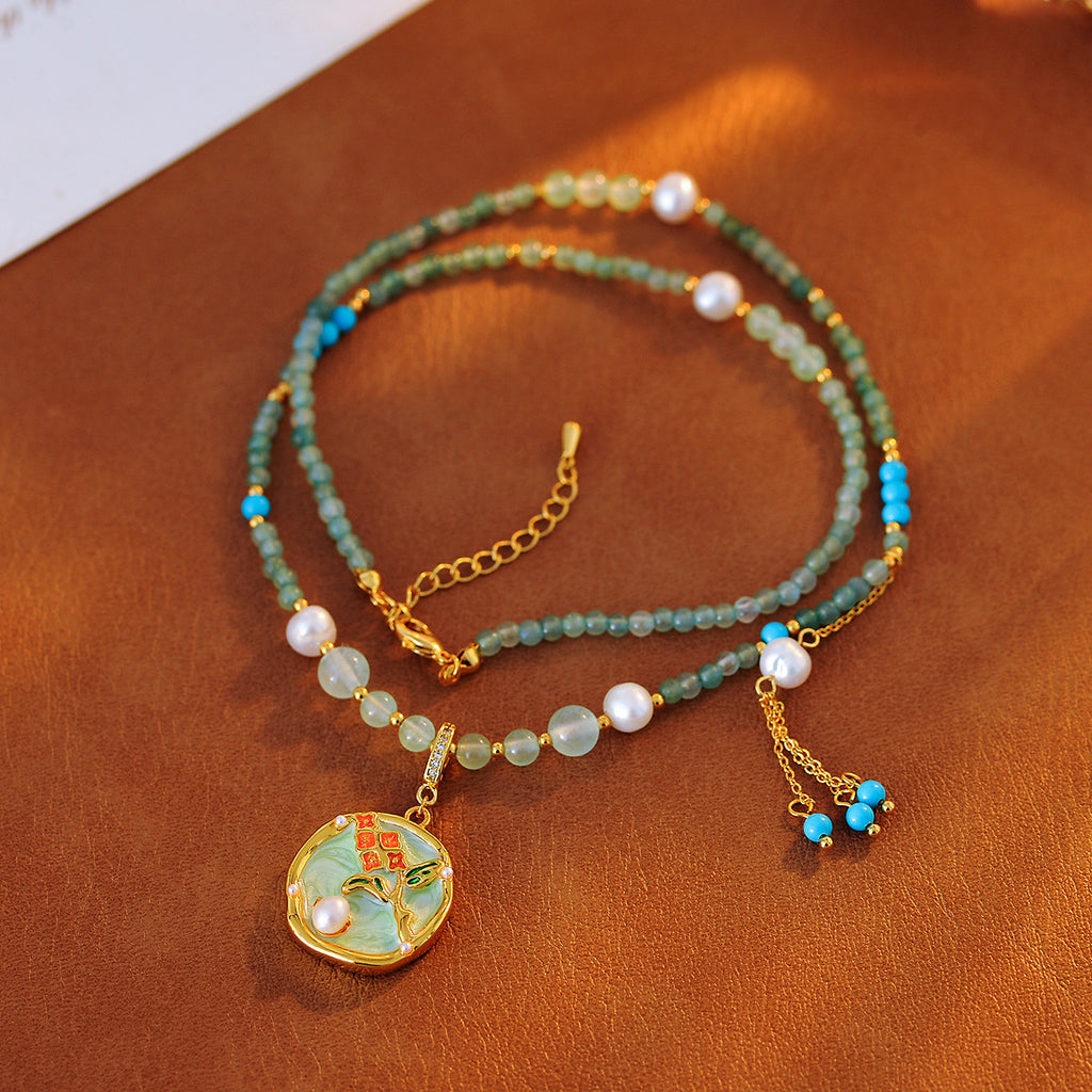 New Chinese Style 2025 Retro Glaze Flower Pearl Pendant Necklace High-End Niche Design Choker