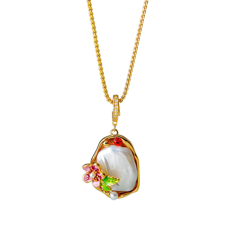 Monet Garden Irregular Baroque Natural Large Pearl Necklace for Women with Floral Design and High-end Pendant