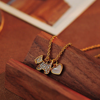 Heart Shell Full Diamond Puppy Necklace for Women, Korean and Japanese Style, Simple Red and White Heart Pendant, Clavicle Chain, Fashionable and Elegant