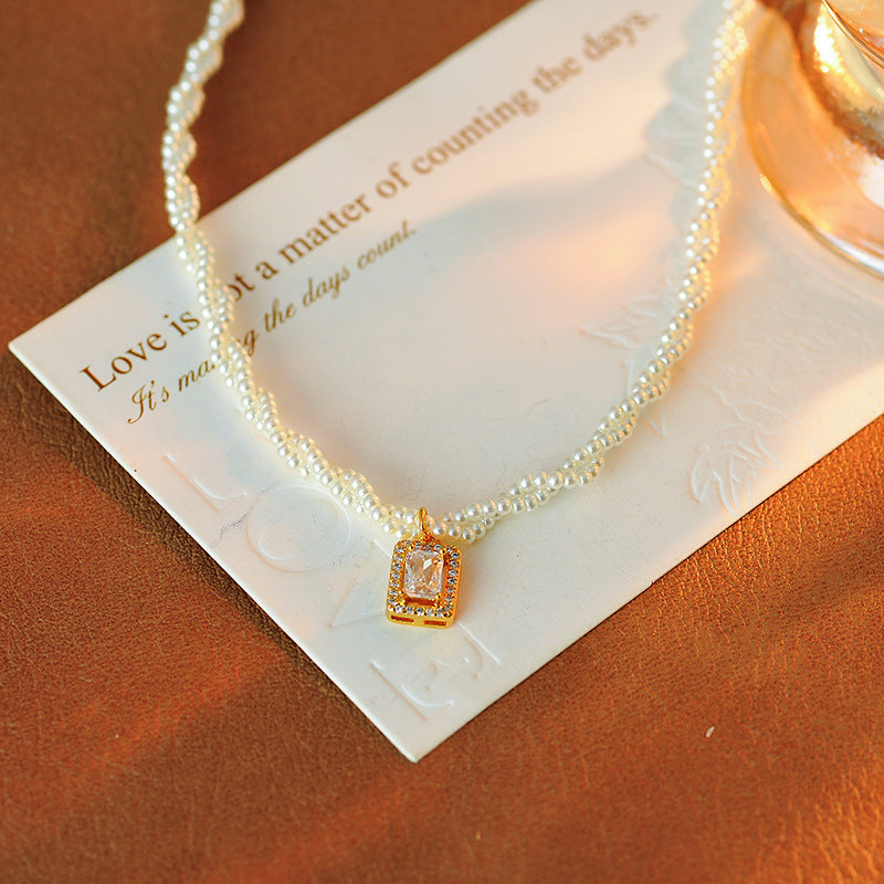 Double Layer Stacked Xiaomi Pearl Small Sugar Cube Necklace Collarbone Chain Light Luxury Niche New Hot-Selling Pendant