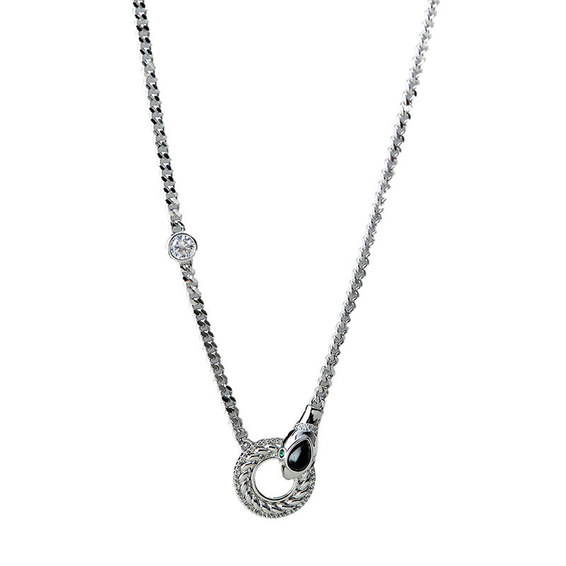 Cuban High-End Metallic Silver Gemstone Braided Sweater Necklace High-End Light Luxury Niche Snake Head Collarbone Chain