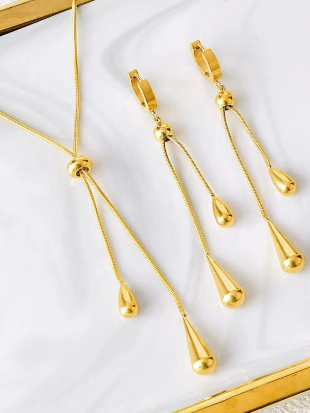 Korean Version New Water Drop Pull-out Earrings Pendant Set Tassel Adjustable Titanium Steel Non-fading Snake Bone Chain Women's Accessories