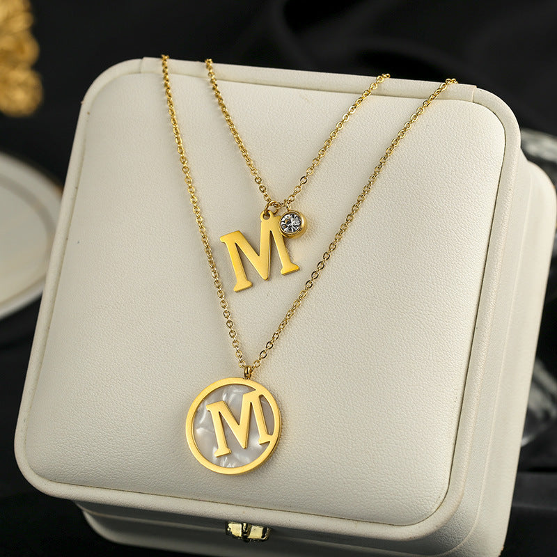 Titanium Steel M Letter Double Layer Necklace Long 2025 New Korean Internet Celebrity Sweater Chain High-end Collarbone Chain Accessory