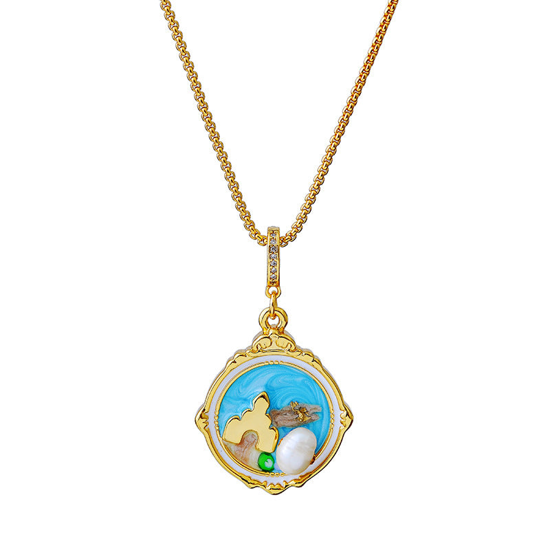 Oil Painting Vintage Necklace for Women French Style Natural Freshwater Pearl Niche Design Retro Light Luxury High-end Clavicle Chain