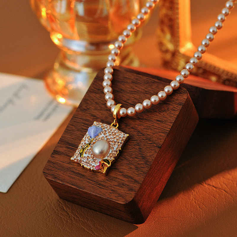 Baroque Pearl Pendant Necklace for Women New Chinese Style Clay Tulip Flower New Trendy Light Luxury Niche Collarbone Chain