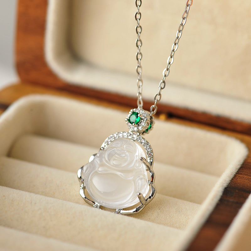 New Chinese Style Necklace for Women, White Chalcedony Miluo Buddha Necklace, Niche Summer High-end Necklace for Women