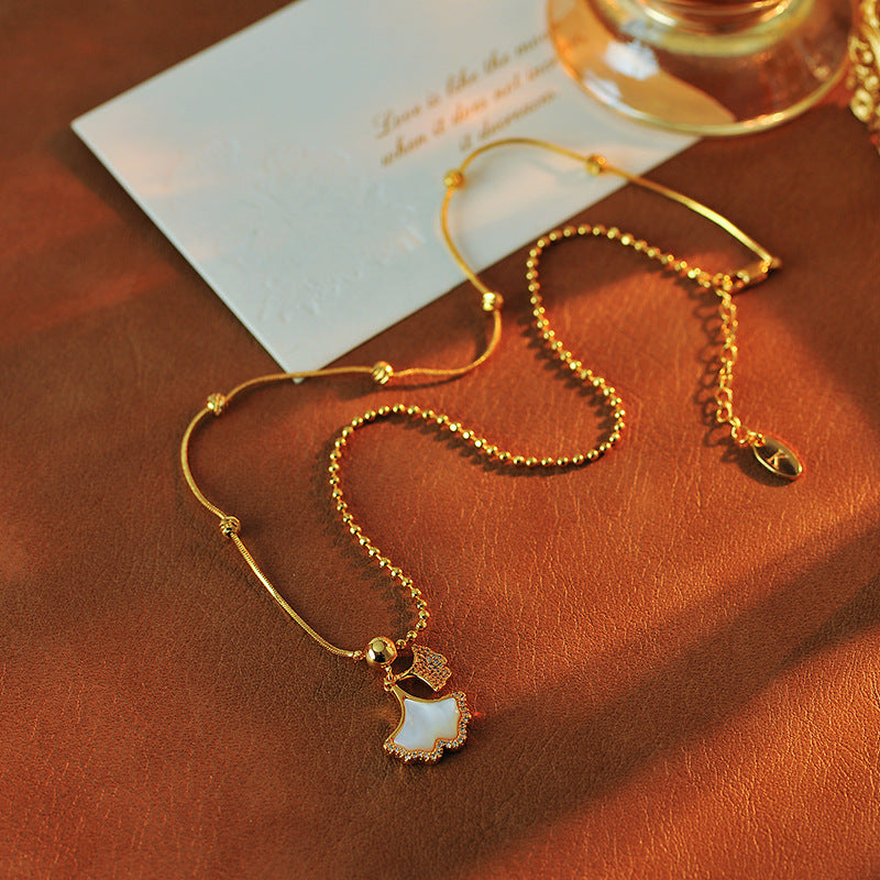 Ginkgo Leaf Natural Shell Zircon Necklace High-end Design Exquisite Collarbone Chain Light Luxury Elegant Versatile Sweater Chain