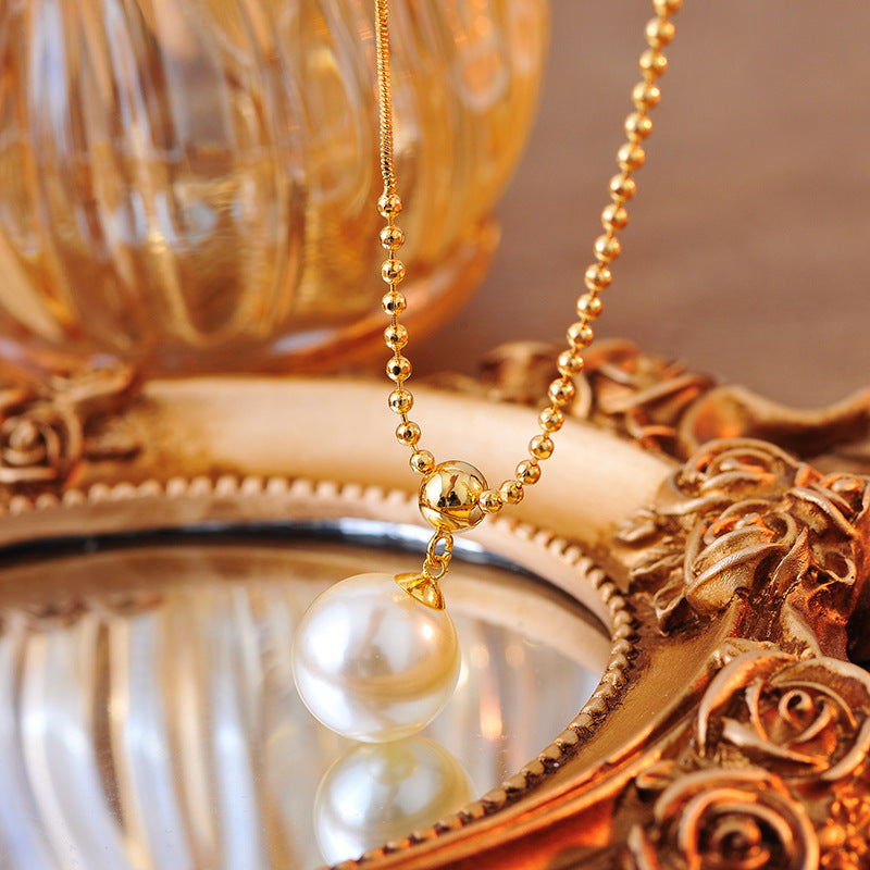 High Version Light Luxury Niche 18K Real Gold Plated Collarbone Chain Necklace with Bead Pendant Versatile High-End Feel