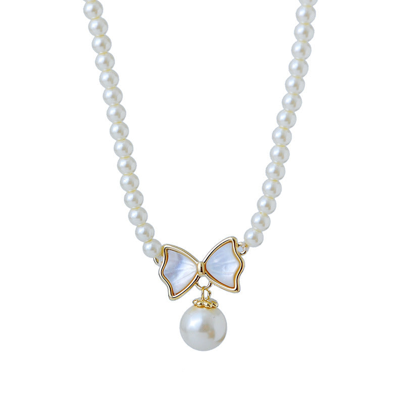 Freshwater Pearl Simple Fashion High-end Clavicle Chain Bow Pendant Korean Version Personality Necklace A10258